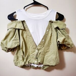 Green and White Mock Off-Shoulder Blouse and Tank Top (S-M)